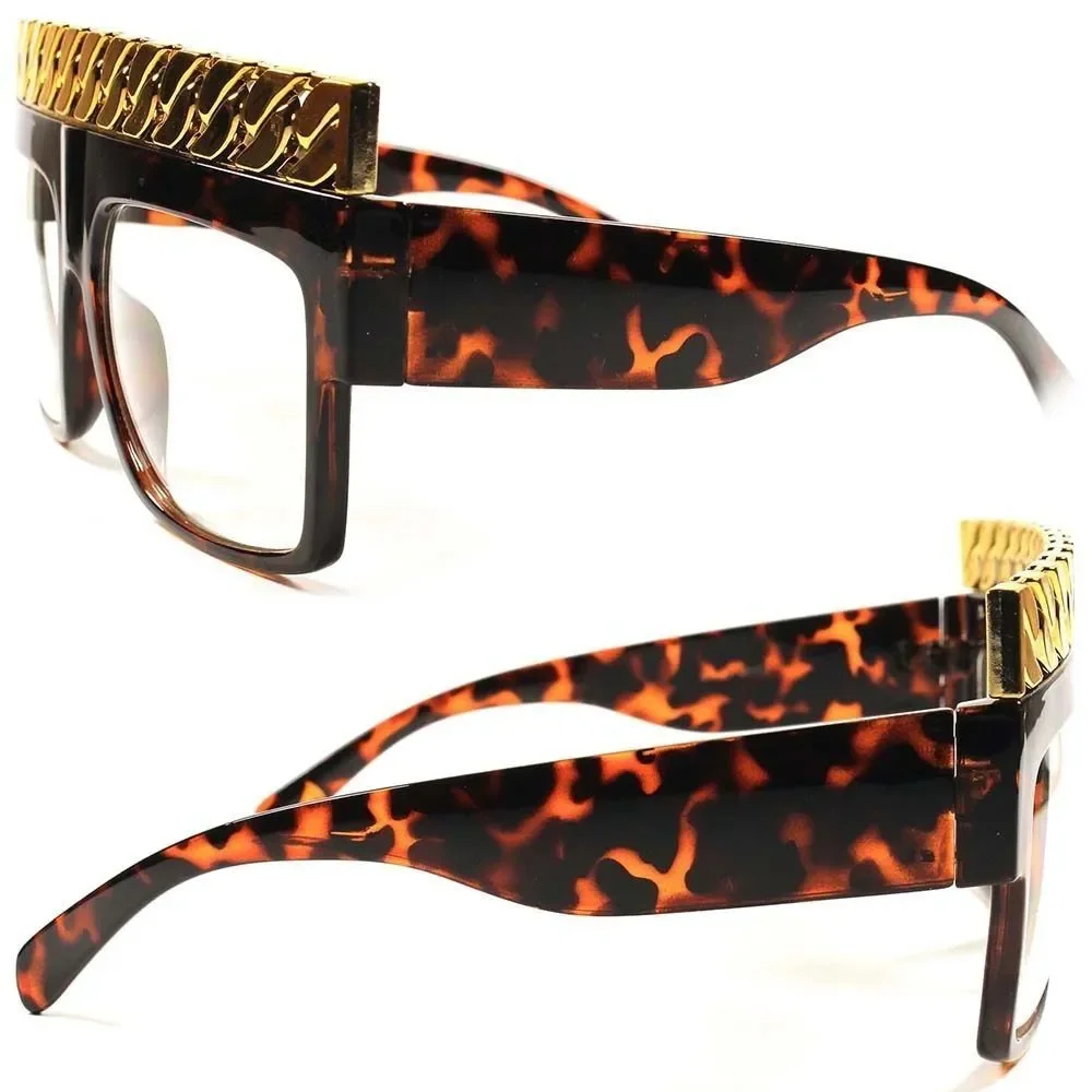 Designer Hip Hop Rapper Gold Cuban Link Chain Top Square Tortoise Clear Glasses